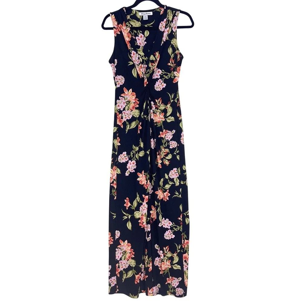 Tommy Bahama Black Floral Twist Front Maxi Dress S Sleeveless V-Neck Tropical - Picture 1 of 9